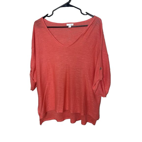 J. Jill Size L Linen Short Sleeve T Tee Shirt Top Blouse V Neck Orange - Picture 1 of 9